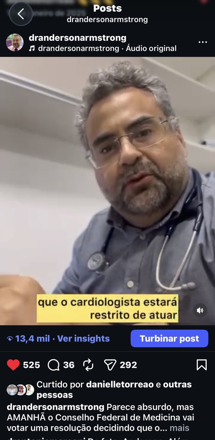 Anderson Armstrong em vídeo gravado no consultório em defesa da atuação do cardiologista nas unidades de terapia intensiva cardiológica.